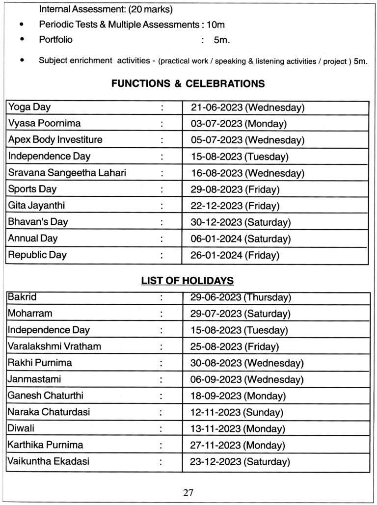 School Timings & Calendar Bharatiya Vidya Bhavan